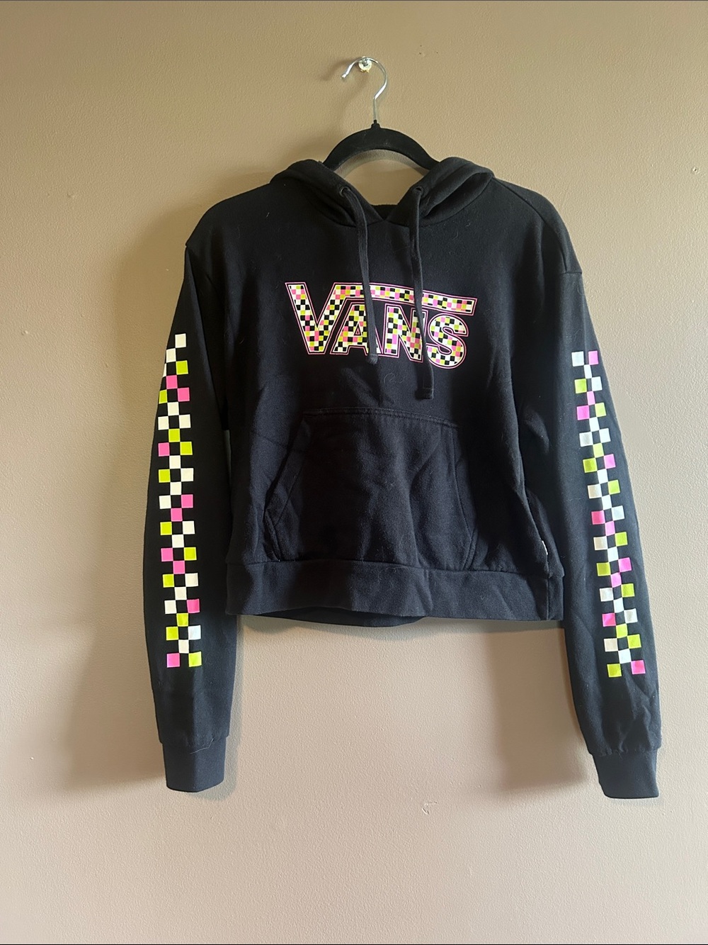 Vans Black Hoodie with Pink, Green and White Checker Sleeve Accents